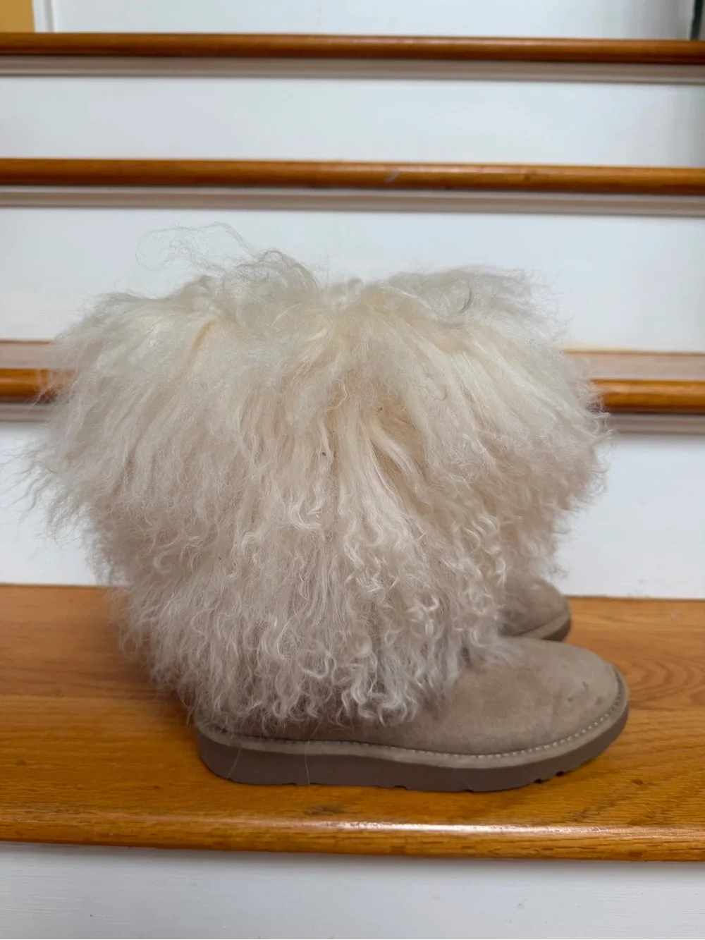 UGG Used Sheepskin Curly Fur Mid-Calf Boots in Beige